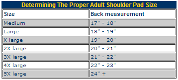Adult Shoulder Pad Size Chart