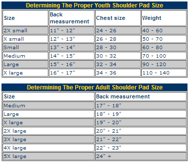 Adult & Youth Shoulder Pad Size Charts