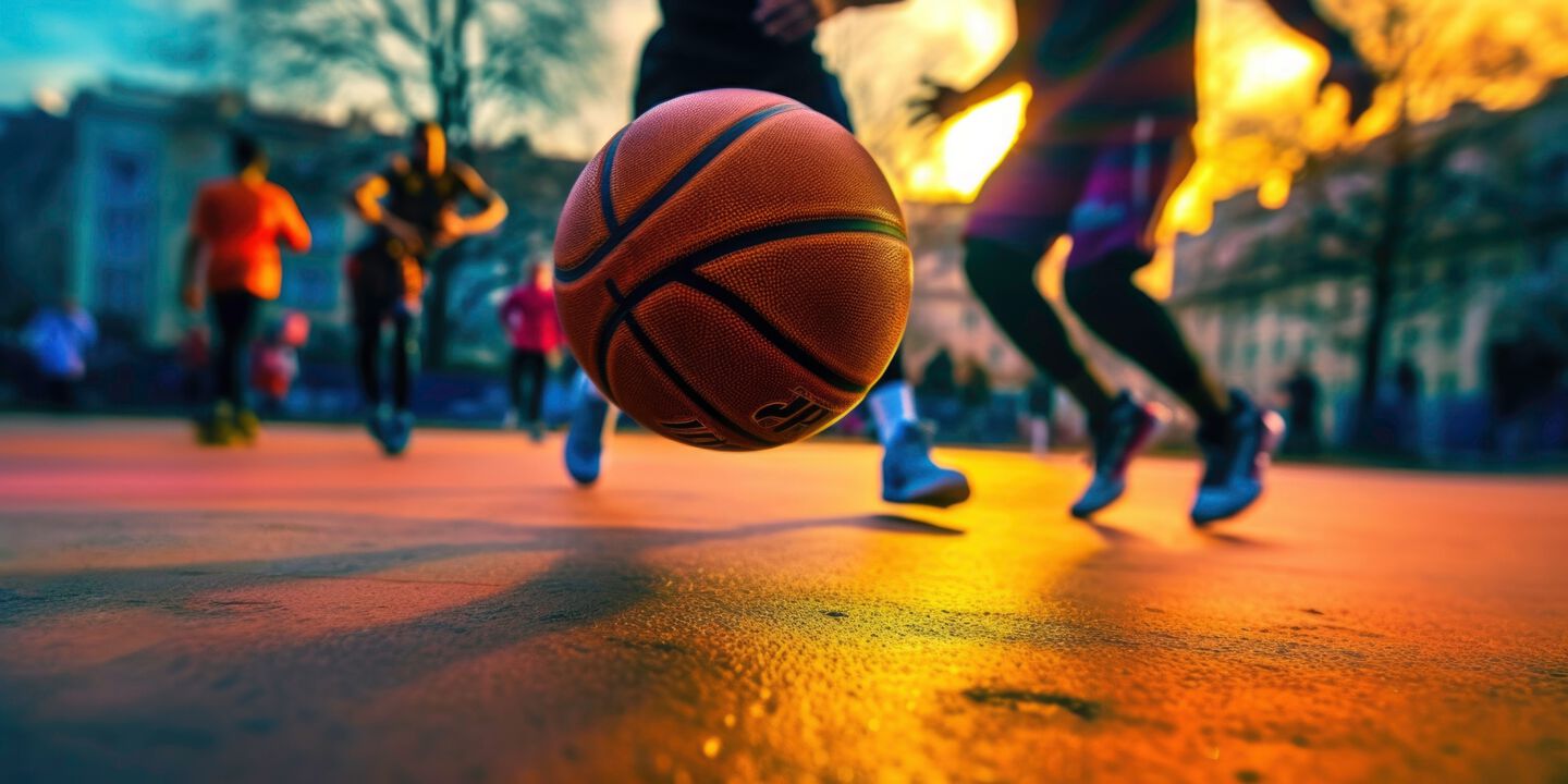 Basketball players playing on an outside court wearing perfect basketball shoes