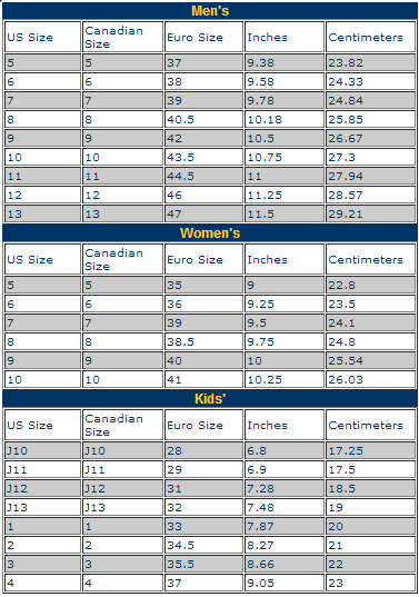 Chicago Skate Size Chart