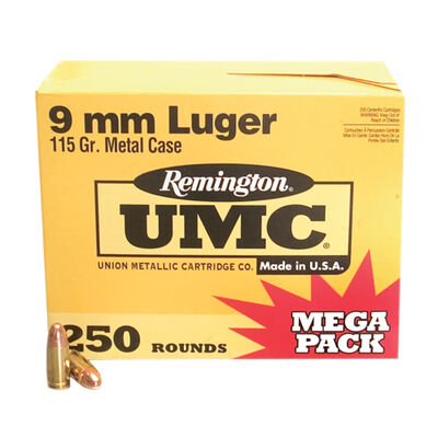 Remington UMC 9mm Luger Ammunition 250 Rounds 115 Grain Full Metal Jacket