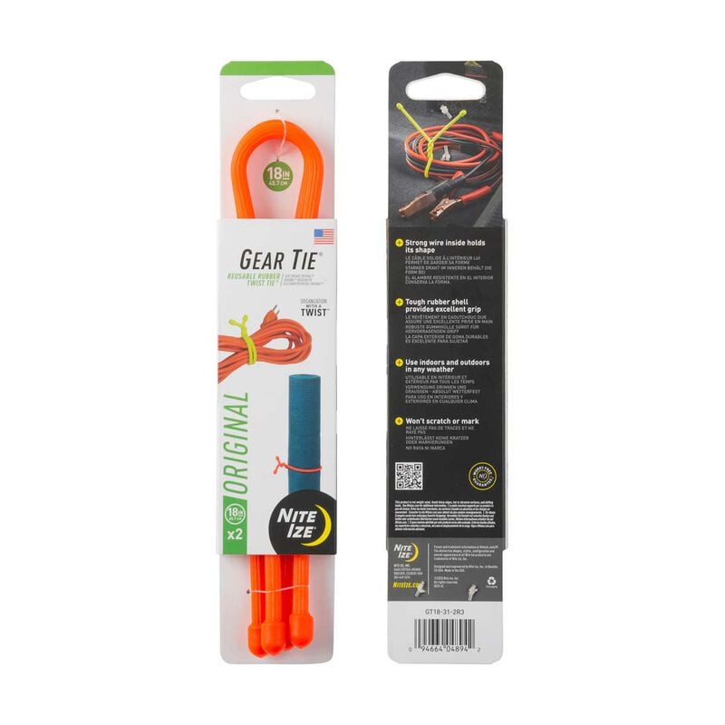 Nite Ize Gear Tie Reusable Rubber Twist Tie 18 inch 2 Pack Bright Orange image number 0