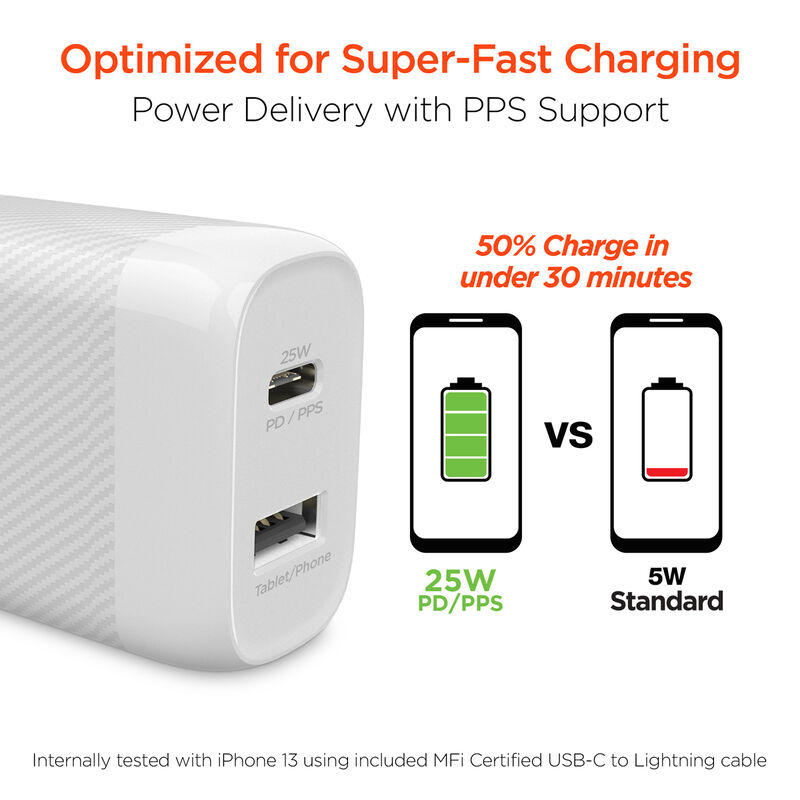 Hypergear SpeedBoost 25W USB-C PD + 12W USB Fast Wall Charger with PPS | 6ft MFi Lightning Cable image number 2