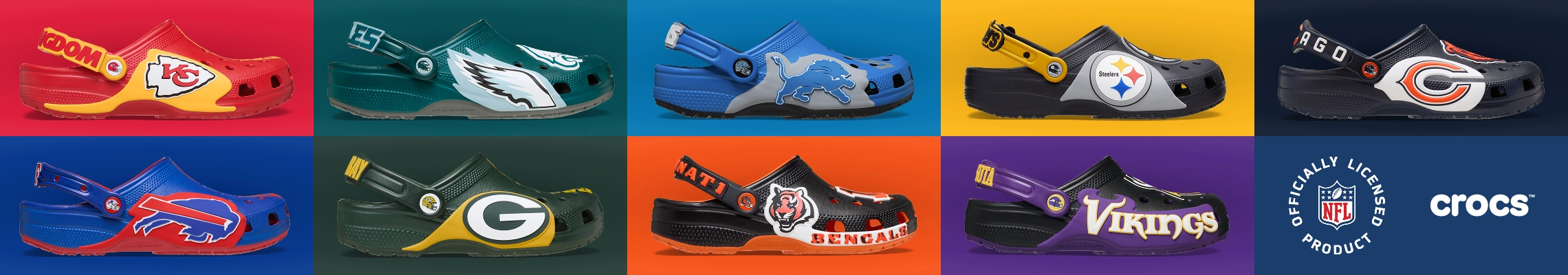 NFL Crocs collection shown in team colors