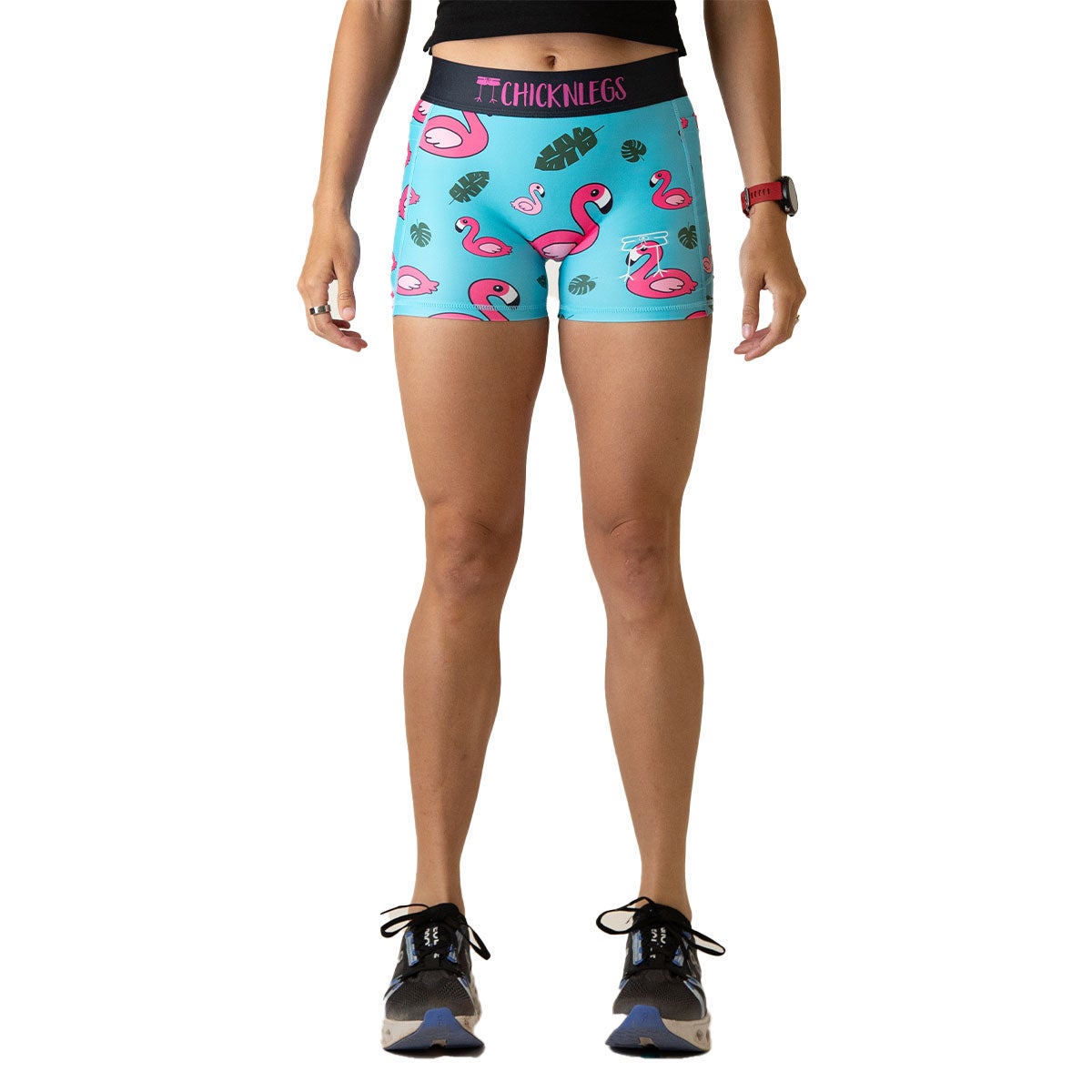 Chickn Legs Women's 3" Compression Shorts Blue Flamingo