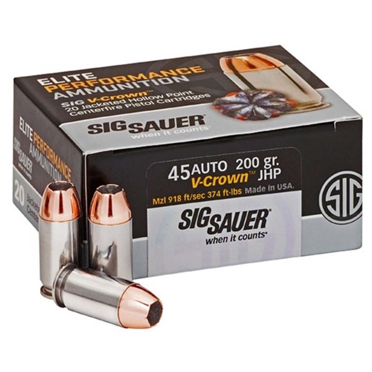 Sig Sauer Elite Performance 45 ACP Auto 200 Grain V-Crown JHP Ammo
