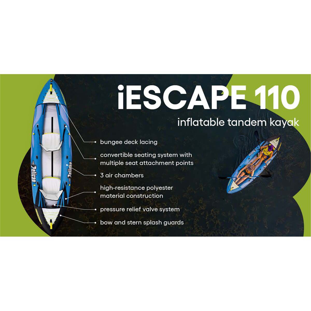 Pelican iESCAPE 110 Convertible Inflatable Sit-On-Top Tandem Kayak, 11'