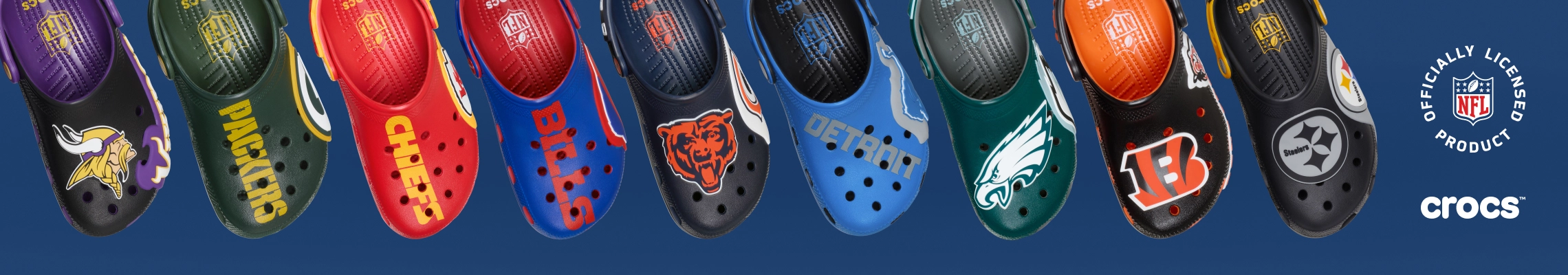 NFL Crocs featuring Chiefs, Eagles, Lions, Steelers, Bears, Bills, Packers, Bengals and Vikings styles
