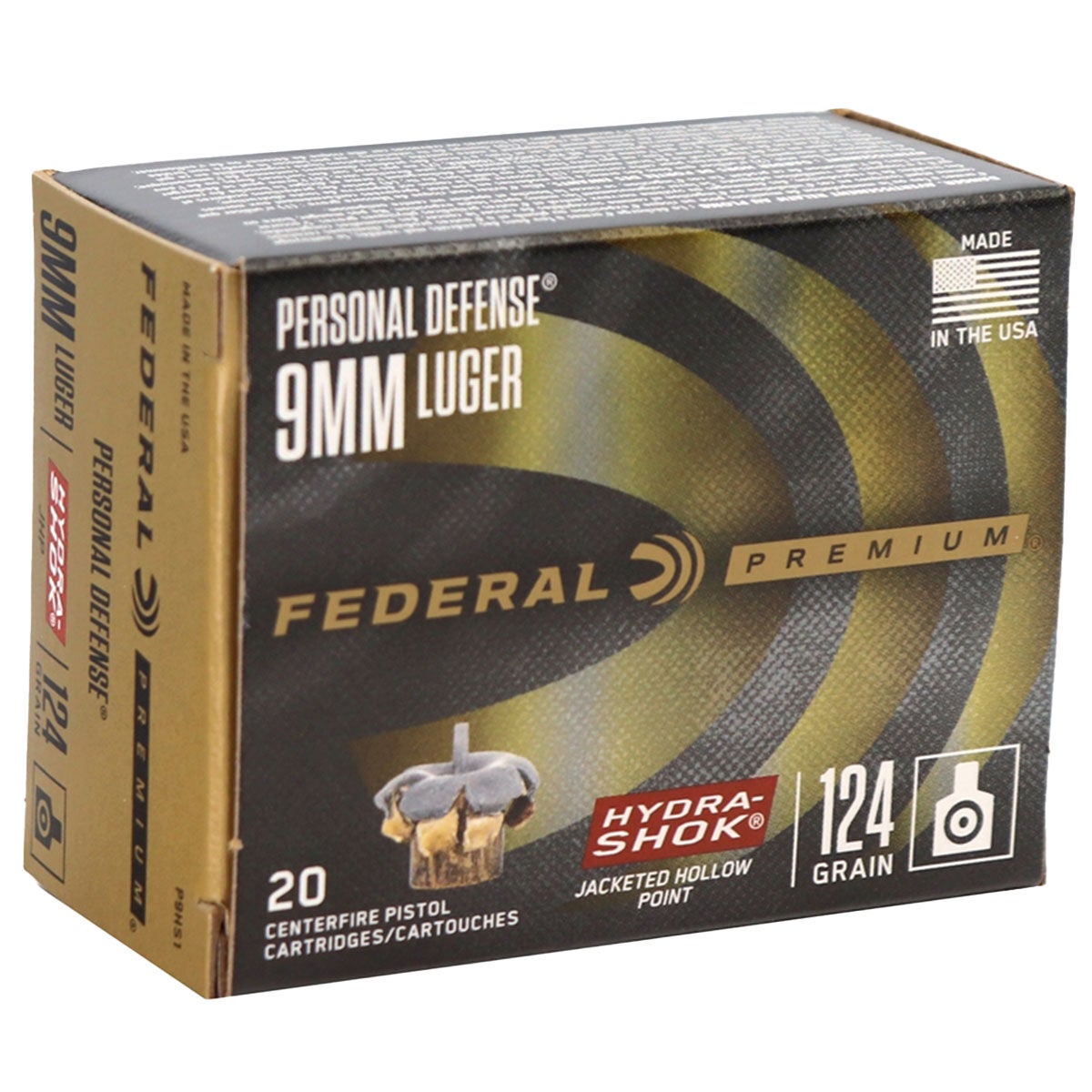 Federal Personal Defense 9mm Luger Ammo 124 Grain Hydra-Shok Jacketed Hollow Point