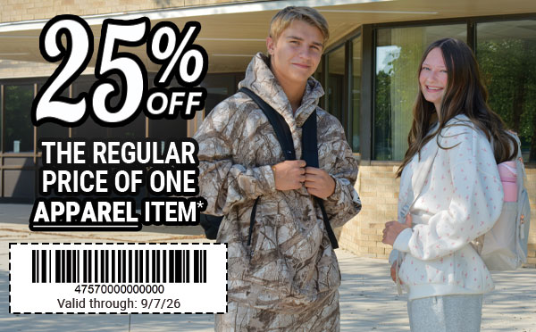 25% off the regular price of one apparel item coupon, valid through September 7, 2026
