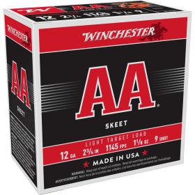 Winchester 12 Gauge AA Skeet Light Target Load Shotshells, 2-3/4  1145 FPS, 1-1/8 oz, #9 Shot (25 Rounds)