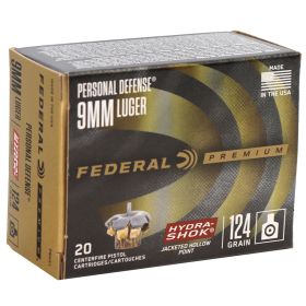 Federal Personal Defense 9mm Luger Ammo 124 Grain Hydra-Shok Jacketed Hollow Point